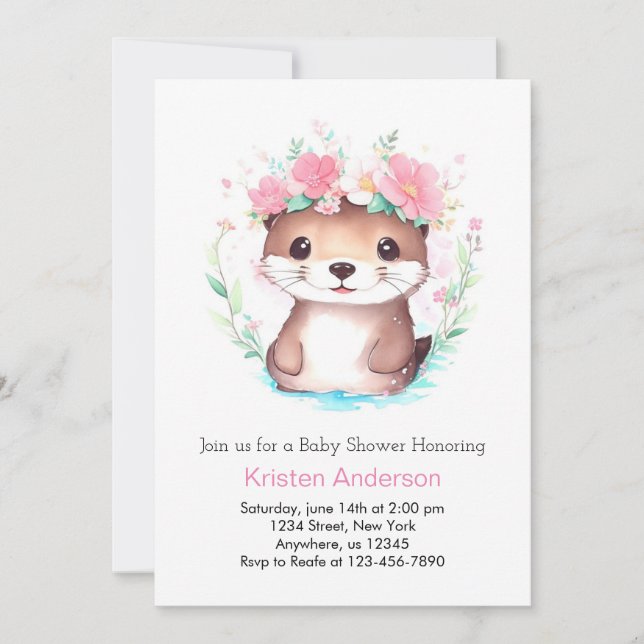 Pink Floral Watercolor Otter Girl Baby Shower Invitation (Front)