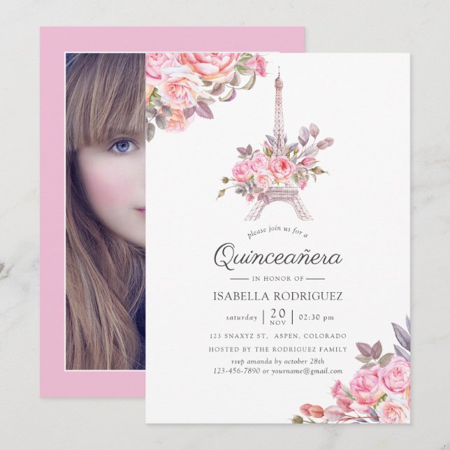 Pink Floral Watercolor Paris Quinceañera Photo Invitation (Front/Back)