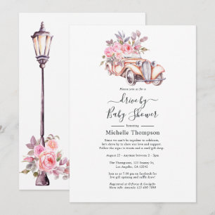 Pink Floral Watercolor Paris theme Drive By Shower Invitation