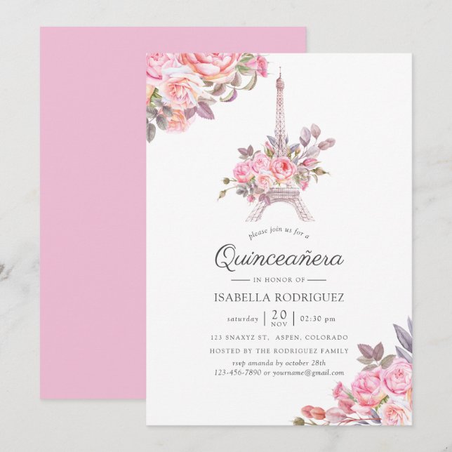 Pink Floral Watercolor Paris themed Quinceañera Invitation (Front/Back)