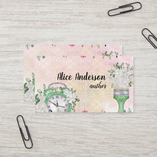 pink floral watercolor pastel delicate script business card (Front/Back In Situ)