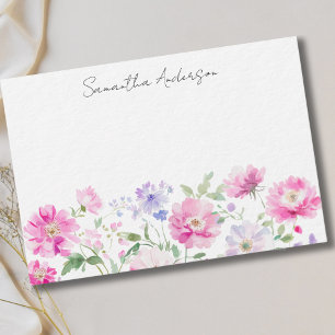 Pink Floral Watercolor Personalised Flat Note Card