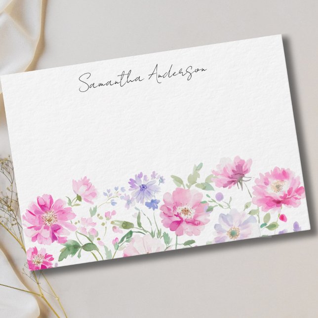 Pink Floral Watercolor Personalised Flat Note Card (Creator Uploaded)