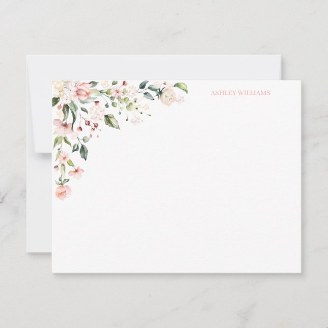 Pink Floral Watercolor Personalised Stationery Card (Front)