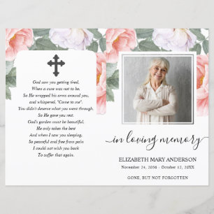 Pink Floral Watercolor Photo Funeral Full Program