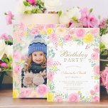 Pink floral watercolor photo kids birthday party invitation<br><div class="desc">A chic and luxurious gold glitter confetti kids 5th birthday party,  featuring pink and yellow pastel floral watercolor roses,  leaf and peonies with confetti gold glitter. Add your photo at the back. Perfect for kids birthday.</div>
