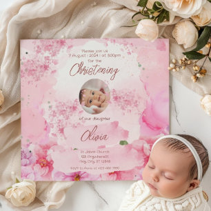 Pink Floral Watercolor Portrait Baptism Invitation