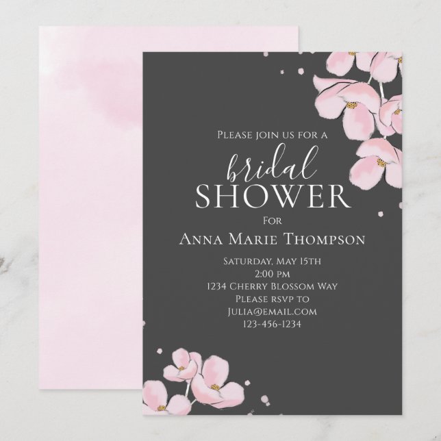 Pink Floral Watercolor Pretty Cherry Blossoms Invitation (Front/Back)