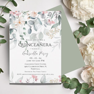 Pink Floral Watercolor Quinceañera Invitation