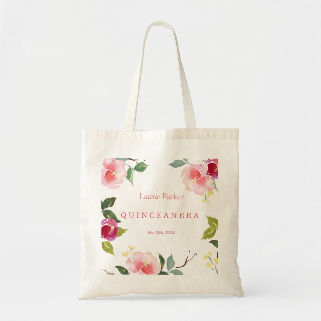 Pink Floral Watercolor Quinceanera Tote Bag (Front)