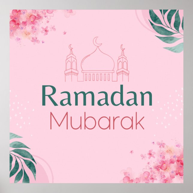 Pink Floral Watercolor Ramadan Mubarak Poster (Front)