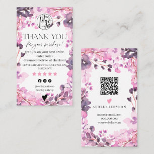 Pink floral watercolor review order thank you business card