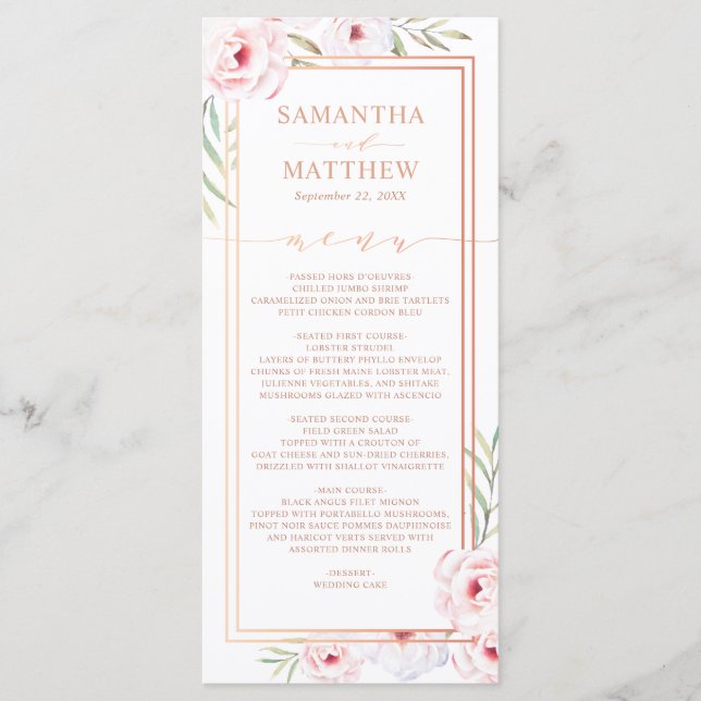 Pink Floral Watercolor Rose Gold Wedding Menu (Front)