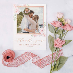 Pink Floral Watercolor Rose Gold Wedding Photo Thank You Card