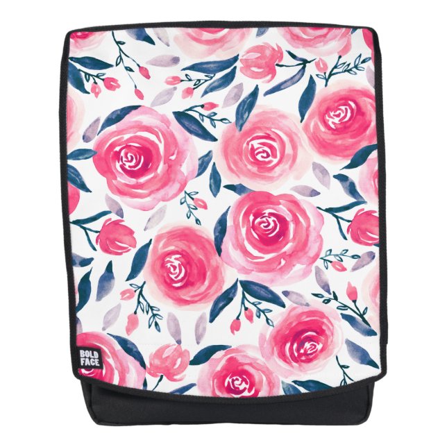 Pink Floral Watercolor Roses Pattern Backpack (Front)
