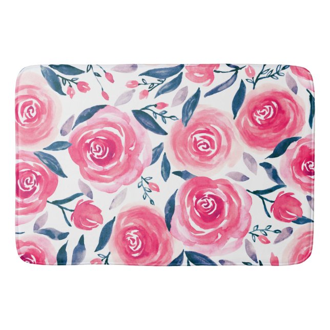 Pink Floral Watercolor Roses Pattern Bath Mat (Front)