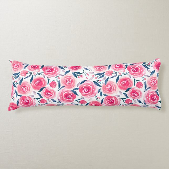 Pink Floral Watercolor Roses Pattern Body Cushion (Front)