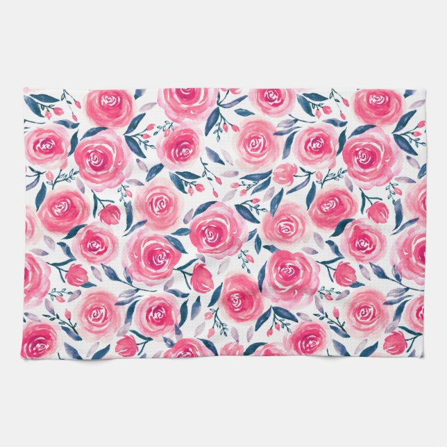 Pink Floral Watercolor Roses Pattern Tea Towel (Horizontal)
