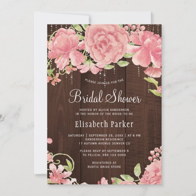 Pink floral watercolor rustic wood bridal shower invitation (Front)