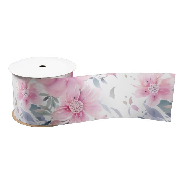 Pink Floral Watercolor  Satin Ribbon (Spool)