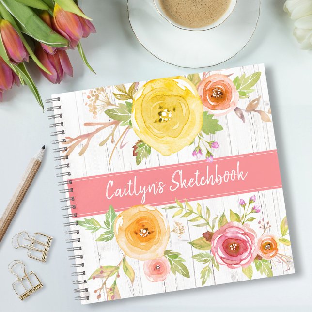 Pink floral watercolor sketchbook rustic name notebook (Creator Uploaded)