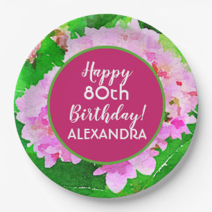 Pink Floral Watercolor Splash 80th Birthday Paper Plate