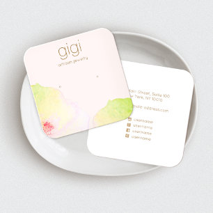 Pink Floral Watercolor Stud Earring Display Holder Square Business Card