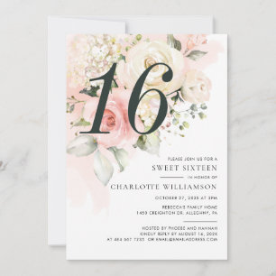 Pink Floral Watercolor Sweet 16 Birthday Party Invitation