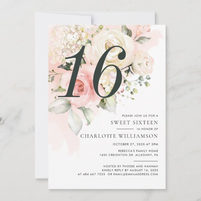 Pink Floral Watercolor Sweet 16 Birthday Party Invitation (Front)