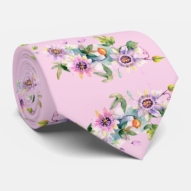 Pink Floral Watercolor Tie (Rolled)