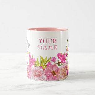 Pink Floral watercolor tropical bird custom name Two-Tone Coffee Mug