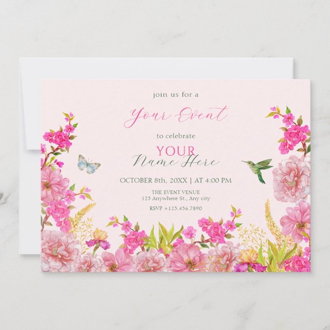 Pink Floral watercolor tropical bird Invitation (Front)