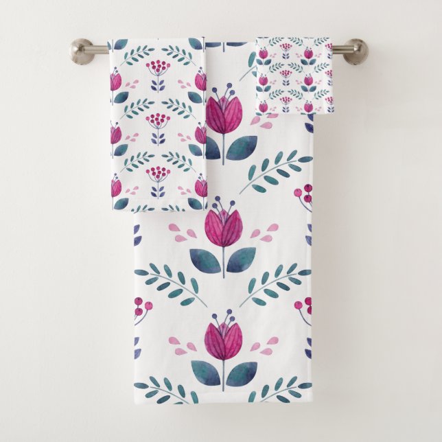 Pink Floral watercolor Tulip Bath Towel Set (Insitu)
