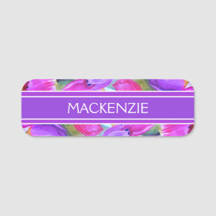 Pink Floral Watercolor Tulip Name Tag