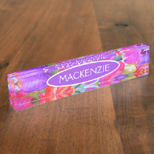 Pink Floral Watercolor Tulip Nameplate
