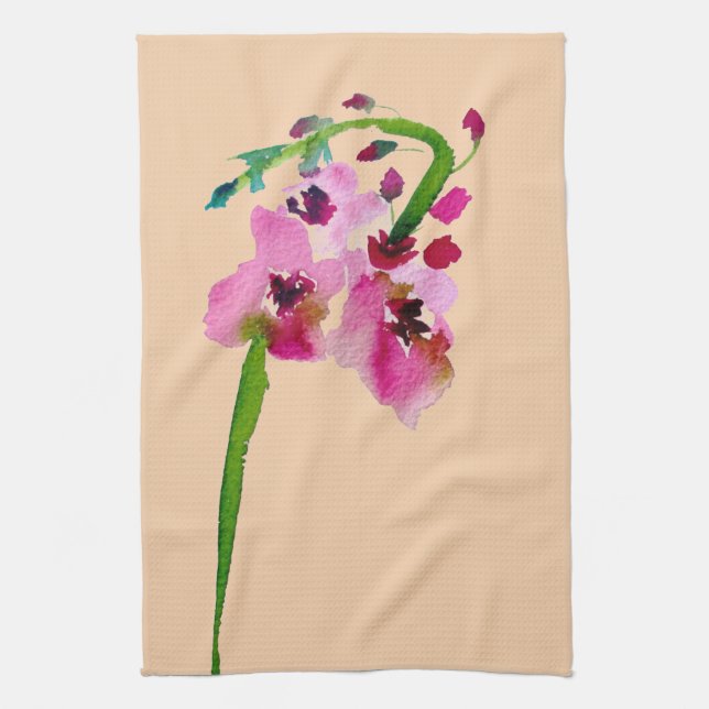 Pink floral watercolor verbascum blush flower tea towel (Vertical)