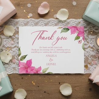 Pink Floral Watercolor Wedding Flat Thank You Card