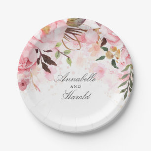 Pink Floral Watercolor Wedding Paper Plate