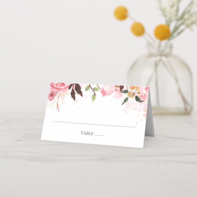 Pink Floral Watercolor Wedding Place Card (Front)