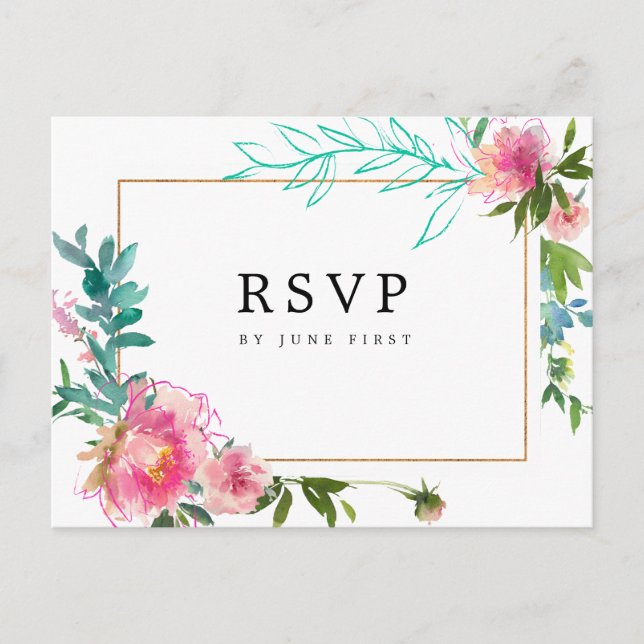 Pink Floral Watercolor Wedding RSVP Response Invitation Postcard (Front)