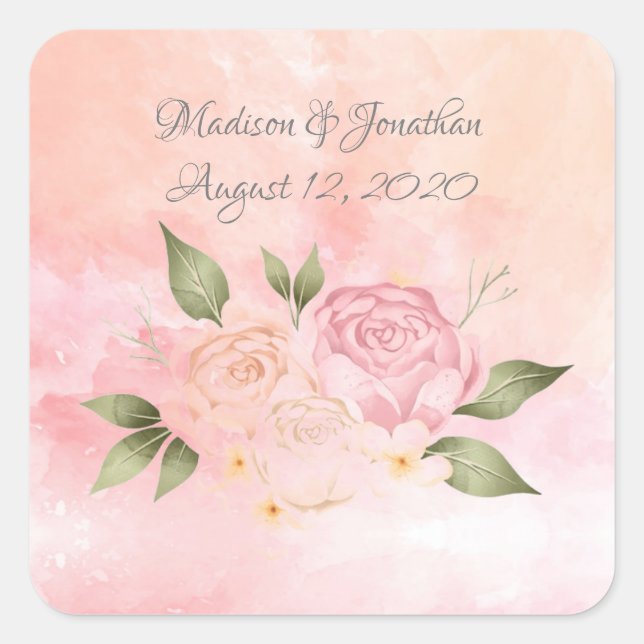 Pink Floral Watercolor Wedding Square Sticker (Front)