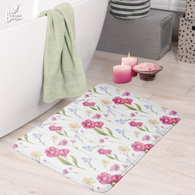 Pink Floral Watercolor Wildflower Bath Mat (Pretty pink floral watercolor wildflower pattern bath mat. Matching home decor gifts available.)