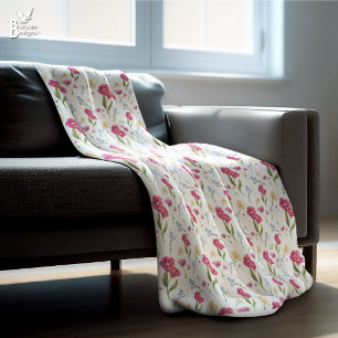 Pink Floral Watercolor Wildflower Fleece Blanket