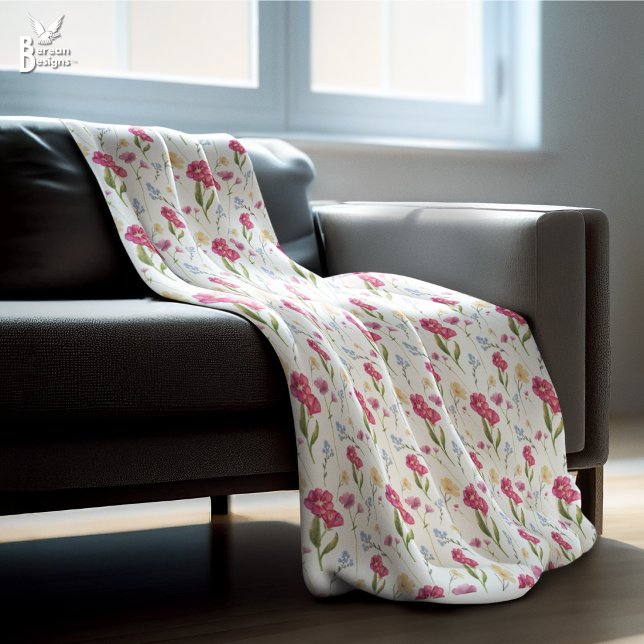 Pink Floral Watercolor Wildflower Fleece Blanket (Pretty pink floral watercolor wildflower fleece blanket. Matching home decor available.)