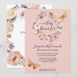 Pink Floral Watercolor Wreath  Butterfly Baby Girl Invitation