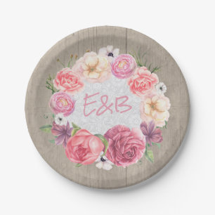 Pink Floral Watercolor Wreath Rustic Wood Wedding Paper Plate