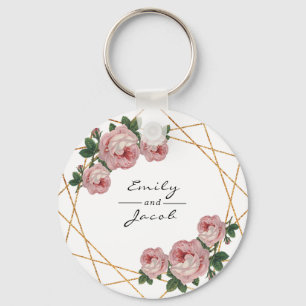 Pink Floral Wed Elegant Gold Glitter Geometric Key Ring
