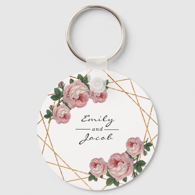 Pink Floral Wed Elegant Gold Glitter Geometric Key Ring (Front)