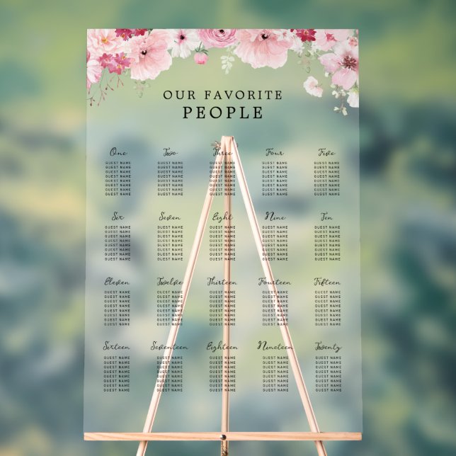 Pink Floral Wedding 20 Table Seating Chart (Neutral)