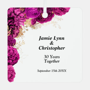 Pink Floral Wedding Anniversary Metal Ornament